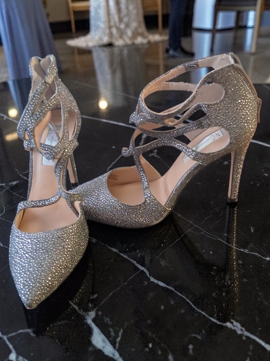 INC International Concepts Shoes - INC International Concepts Silver Glitter Strappy Pointed-Toe Heels